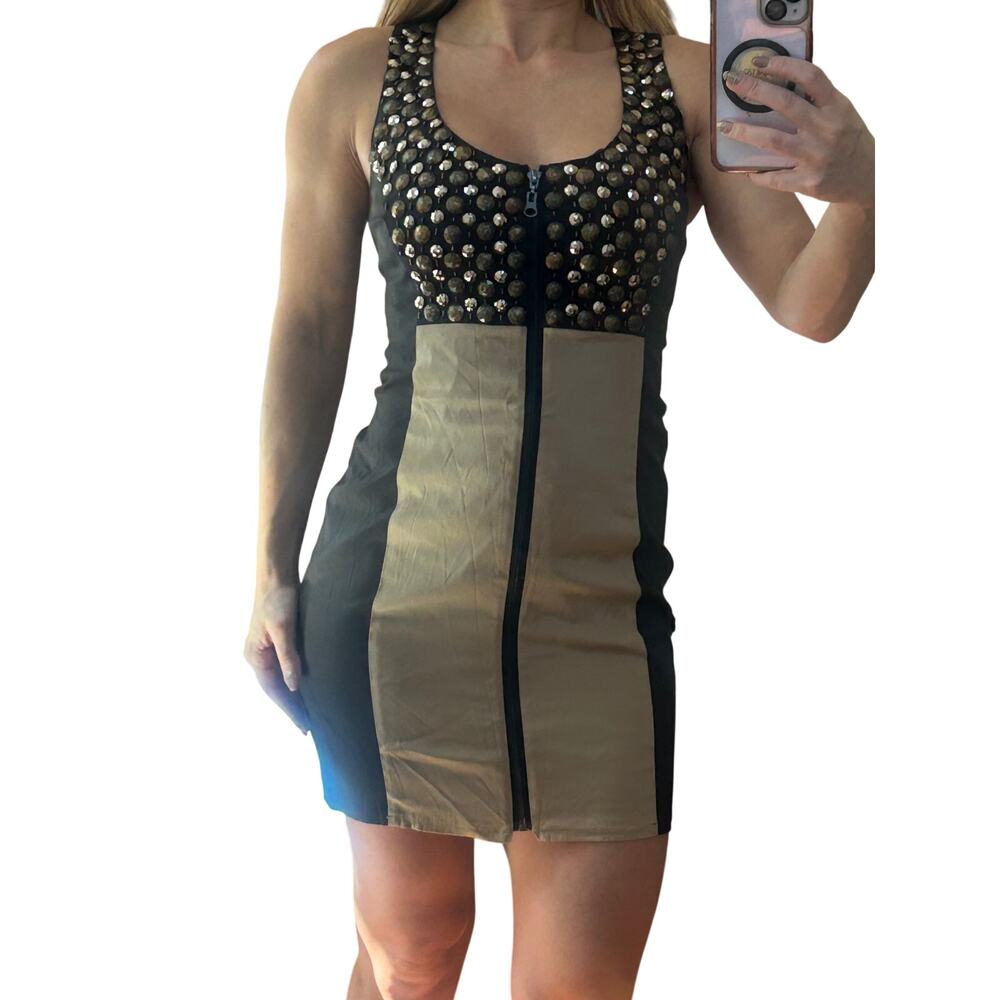 NWT Stella & Jamie Silk Studded Mini Dress Black Tan XS Colorblock Party Club